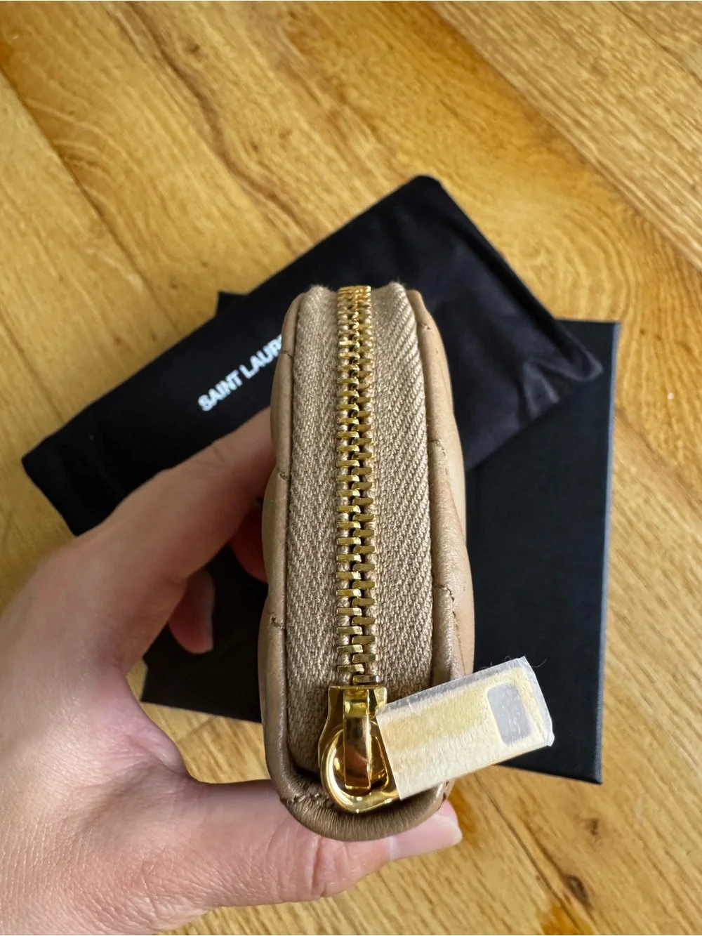 Saint Laurent Quilted Leather Zip Card Wallet in Taupe with Gold YSL - Picture 4 of 5